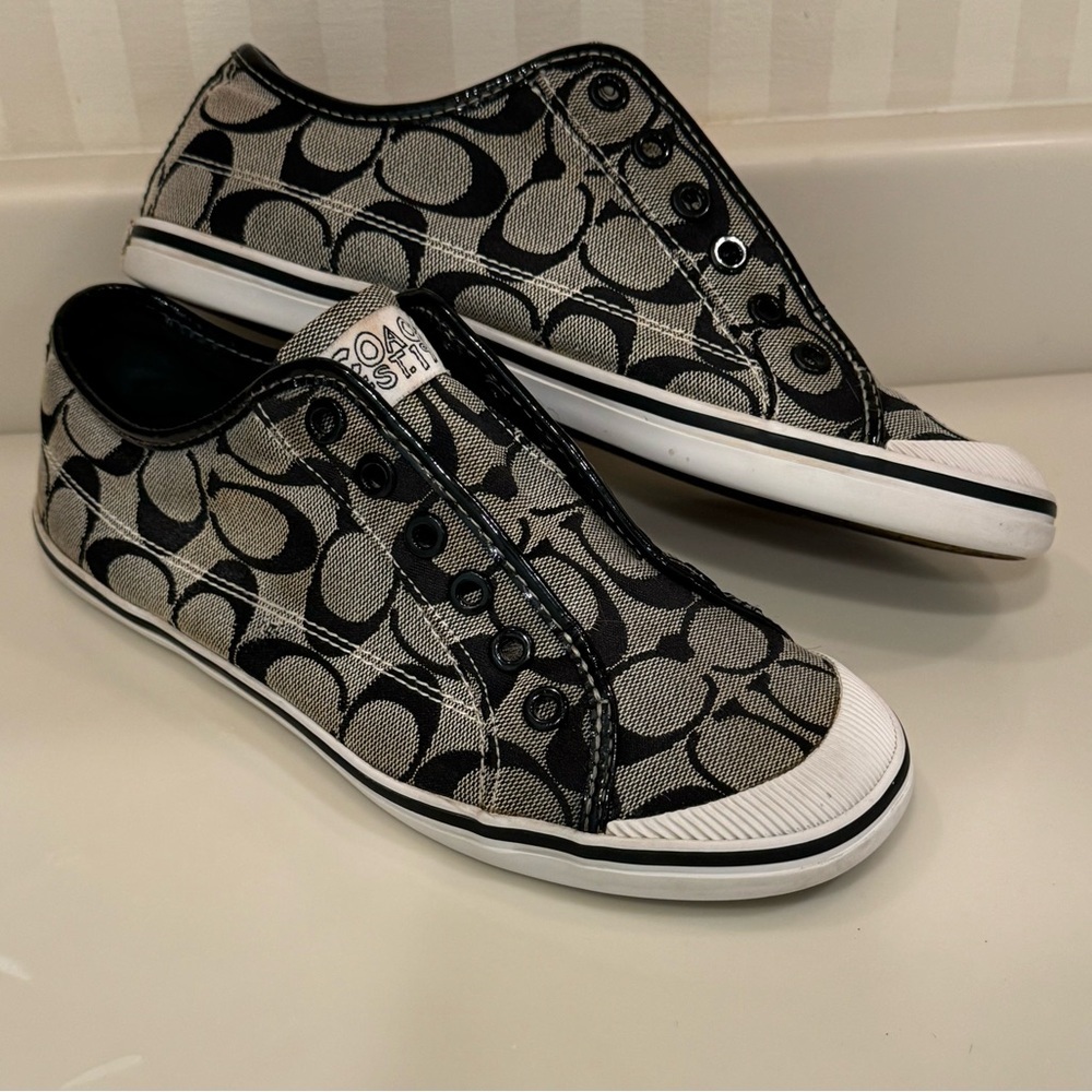 Coach Kira Laceless Slip On Sneakers Jacquard Black White Logo - Picture 11 of 16
